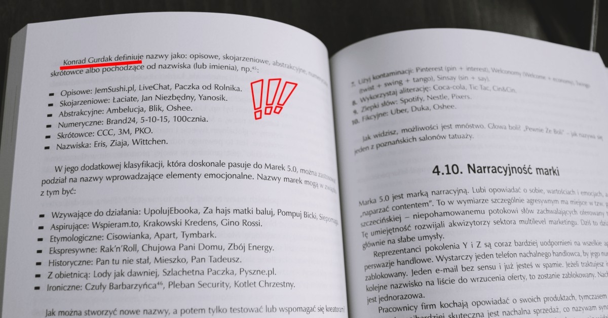 Konrad Gurdak definiuje nazwy jako: opisowe, skojarzeniowe, abstrakcyjne, numeryczne, skrótowce albo pochodzące od nazwiska (lub imienia).