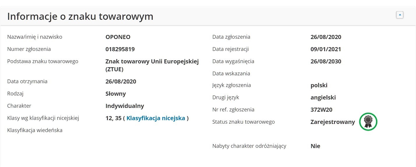 Unijna ochrona słownego znaku towarowego Oponeo