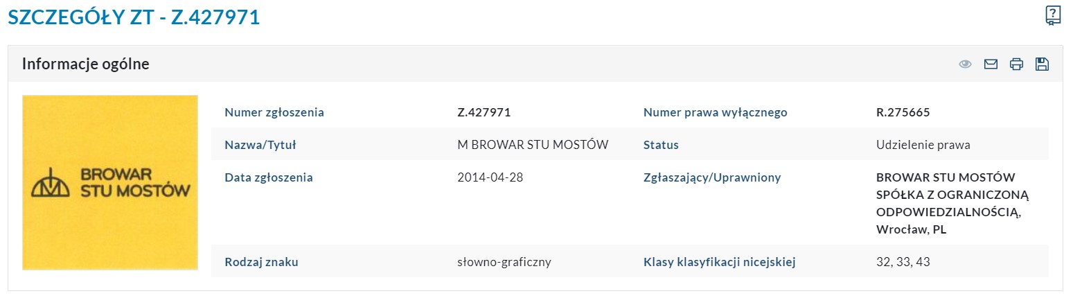 Browar Stu Mostów uzyskał prawo ochronne w klasach towarowych 32, 33, 43 (32 piwo, napoje piwne, napoje bezalkoholowe; 33 napoje niskoprocentowe; 43 restauracje, kawiarnie, usługi barowe). 